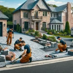 paving and masonry contractors working on a residential driveway and walkway in Long Island
