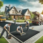 A professional paving team working on repaving a driveway in long island